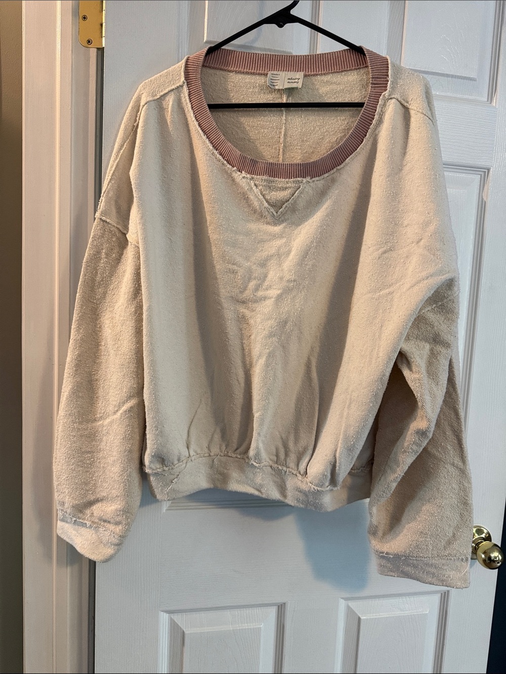 Anthropologie Cream Sweatshirt with Dusty Pink Ribbed Neck